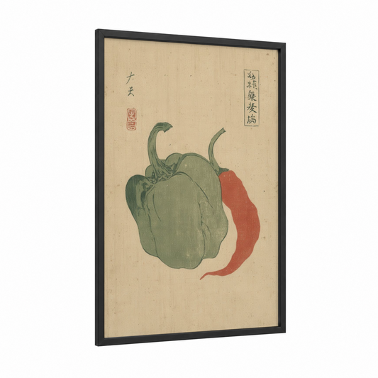 Green Bell Pepper framed vegetable print — black wood frame — light green and cream palette