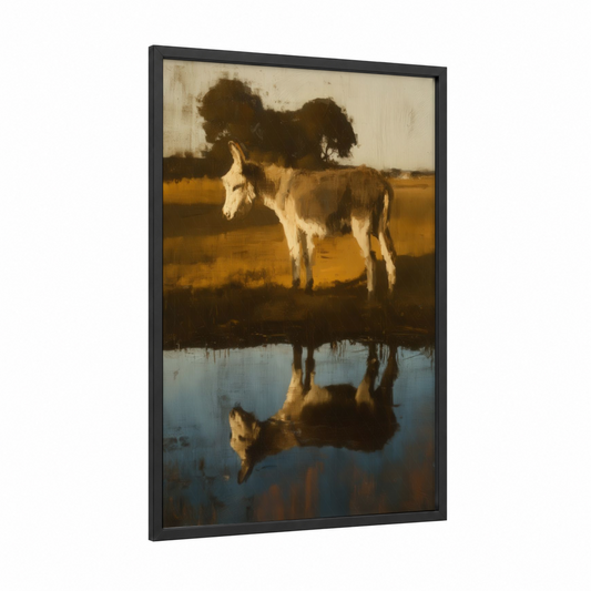 Riverside Donkey framed art print — black wood frame — gold and blue and white palette