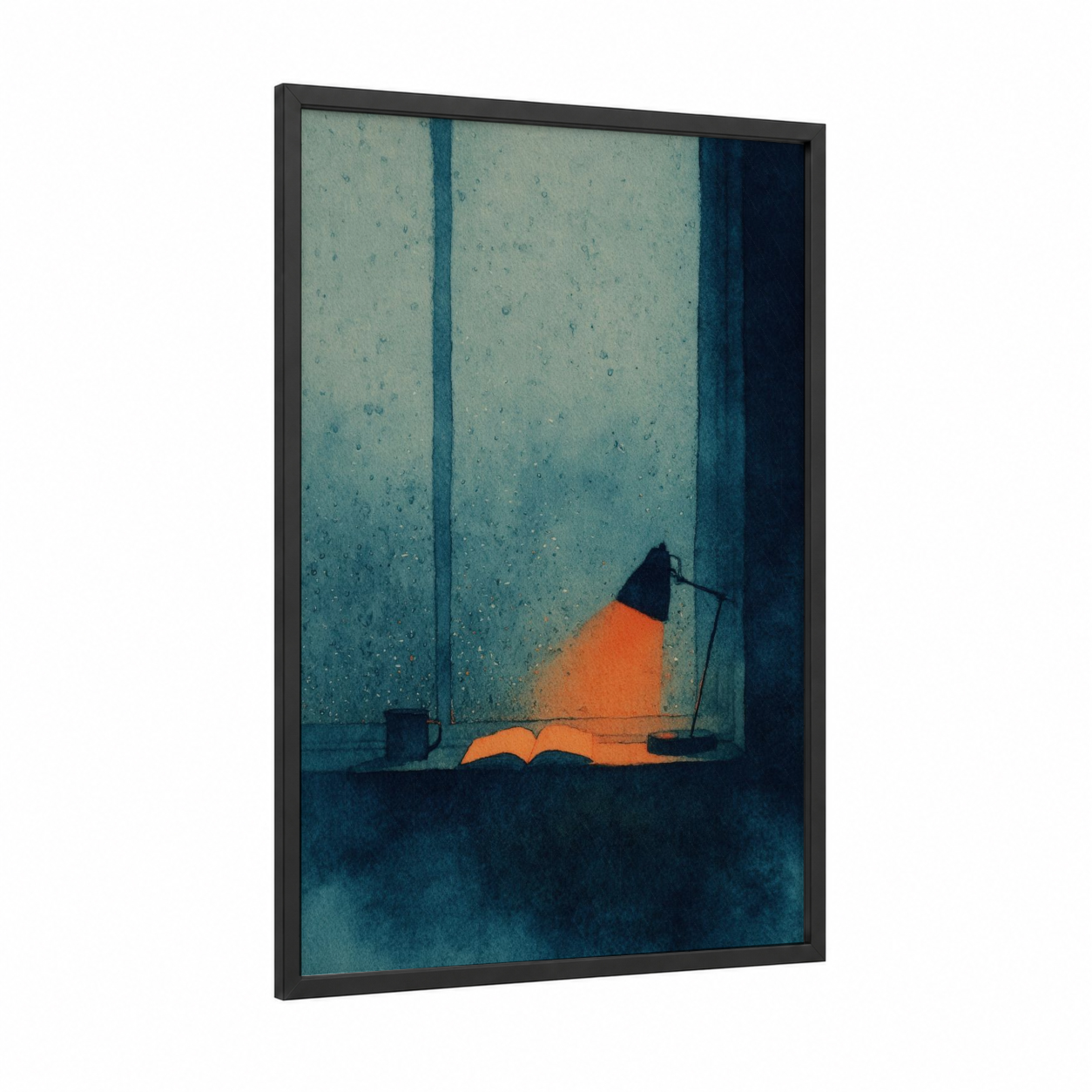 Cozy Reading Nook framed art print — black wood frame — teal and orange palette