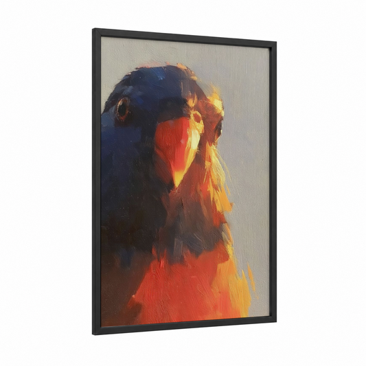 Sunset Lorikeet framed rainbow lorikeet print — black wood frame — gold and red palette