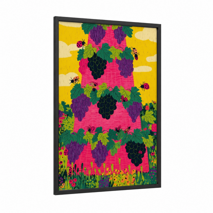 Berry Tower Garden framed towers print — black wood frame — magenta and yellow gold palette