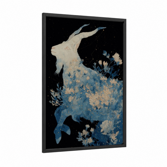 Celestial Capricorn framed art print — black wood frame — blue and cream palette