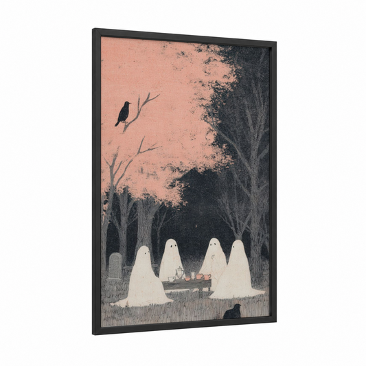 Ghostly Gathering framed halloween print — black wood frame — salmon pink and black palette