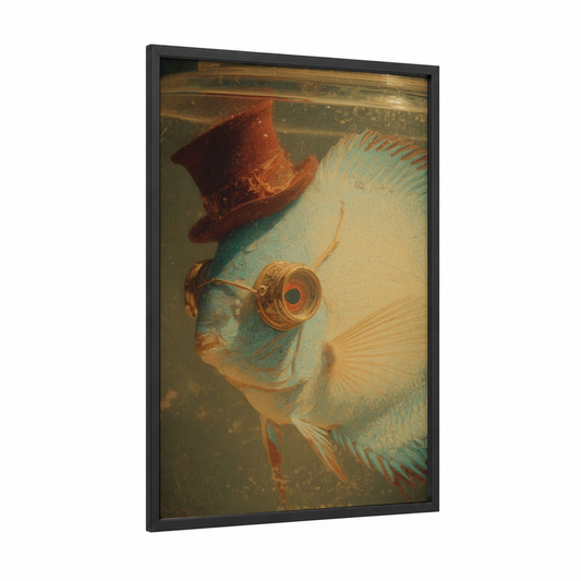 Steampunk Discus framed discus fish print — black wood frame — cream and russet palette