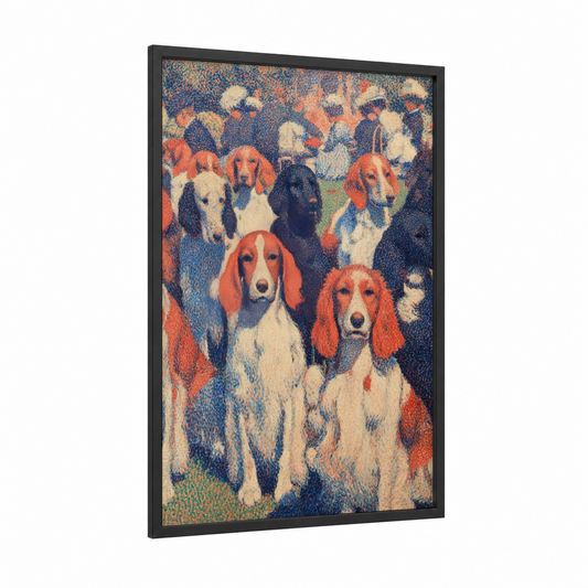 Spaniel Pack Gathering framed art print — black wood frame — orange and blue palette