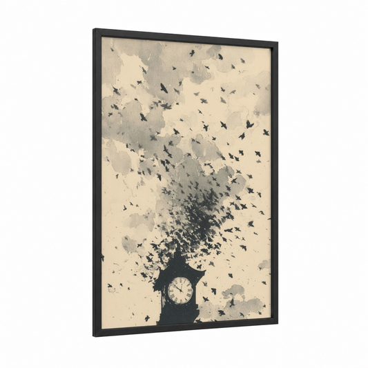 Time's Escape framed clock print — black wood frame — cream and gray palette