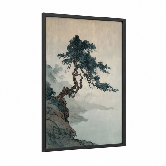Misty Juniper Tree framed art print — black wood frame — sage green and gray palette