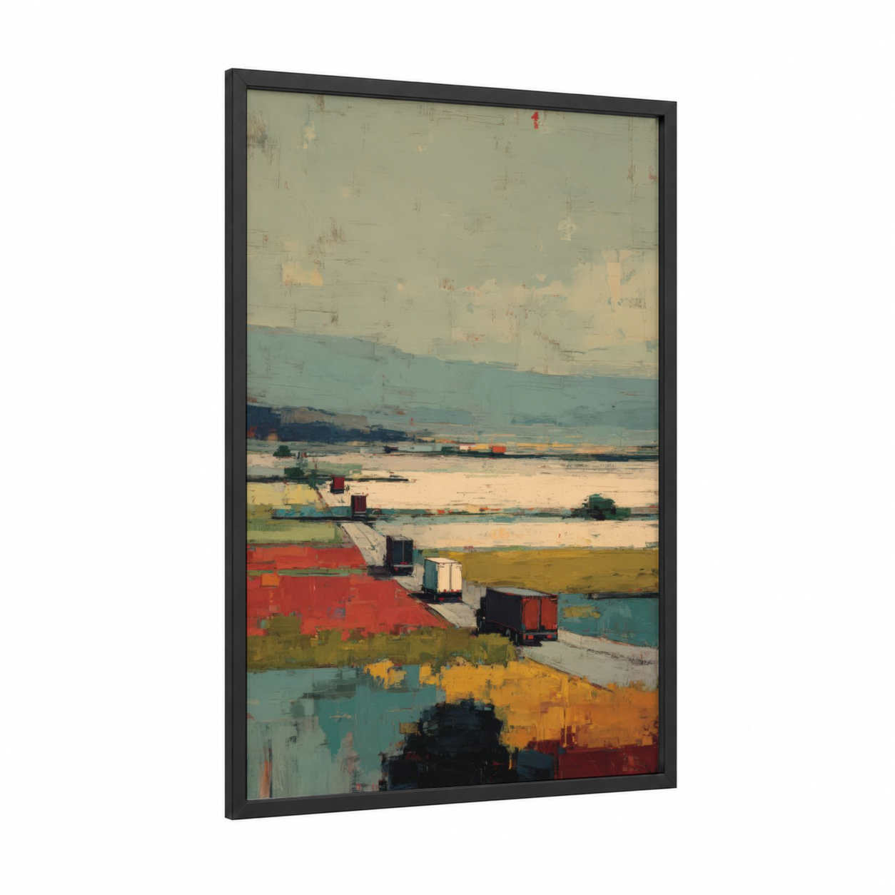 Rural Freight Landscape framed truck print — black wood frame — sage green and cream palette