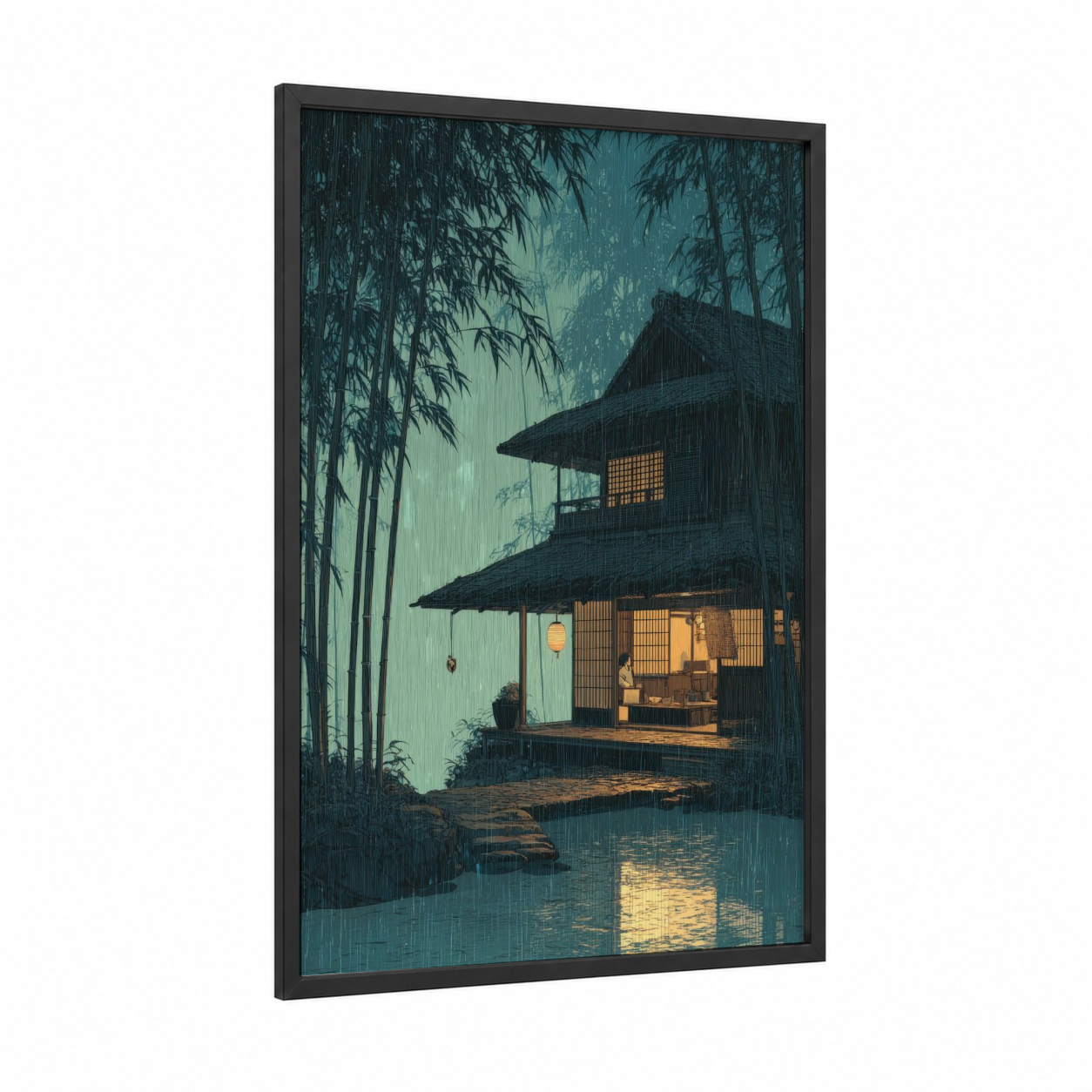 Rainy Bamboo Retreat framed bamboo jungle print — black wood frame — teal and gold palette