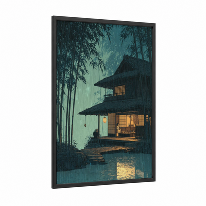 Rainy Bamboo Retreat framed bamboo jungle print — black wood frame — teal and gold palette