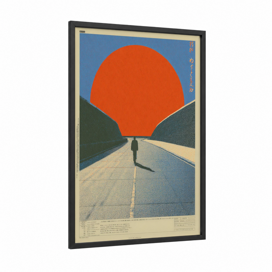 Crimson Highway framed japanese y2k print — black wood frame — orange and blue palette