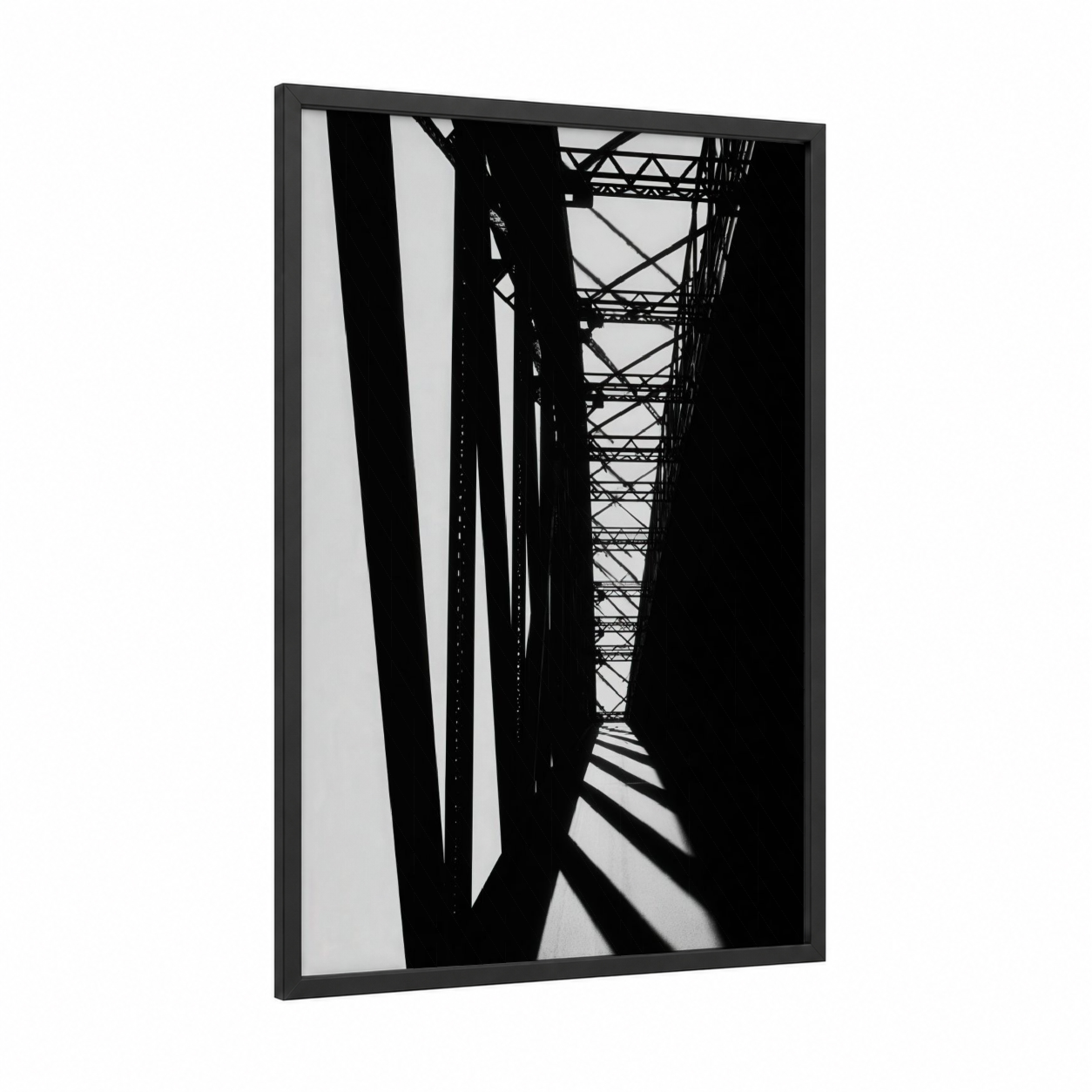 Industrial Bridge Geometry framed bridges print — black wood frame — black and white palette