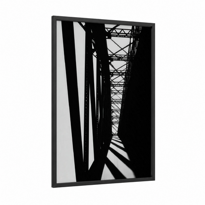 Industrial Bridge Geometry framed bridges print — black wood frame — black and white palette