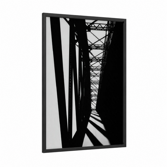 Industrial Bridge Geometry framed bridges print — black wood frame — black and white palette