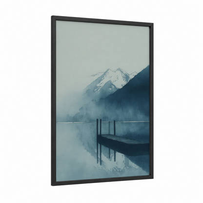 Misty Mountain Dock framed docks and piers print — black wood frame — dove gray and blue and white palette