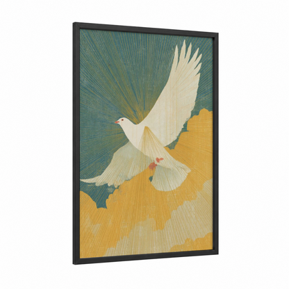 Ascending Dove framed christian symbols print — black wood frame — teal and gold palette