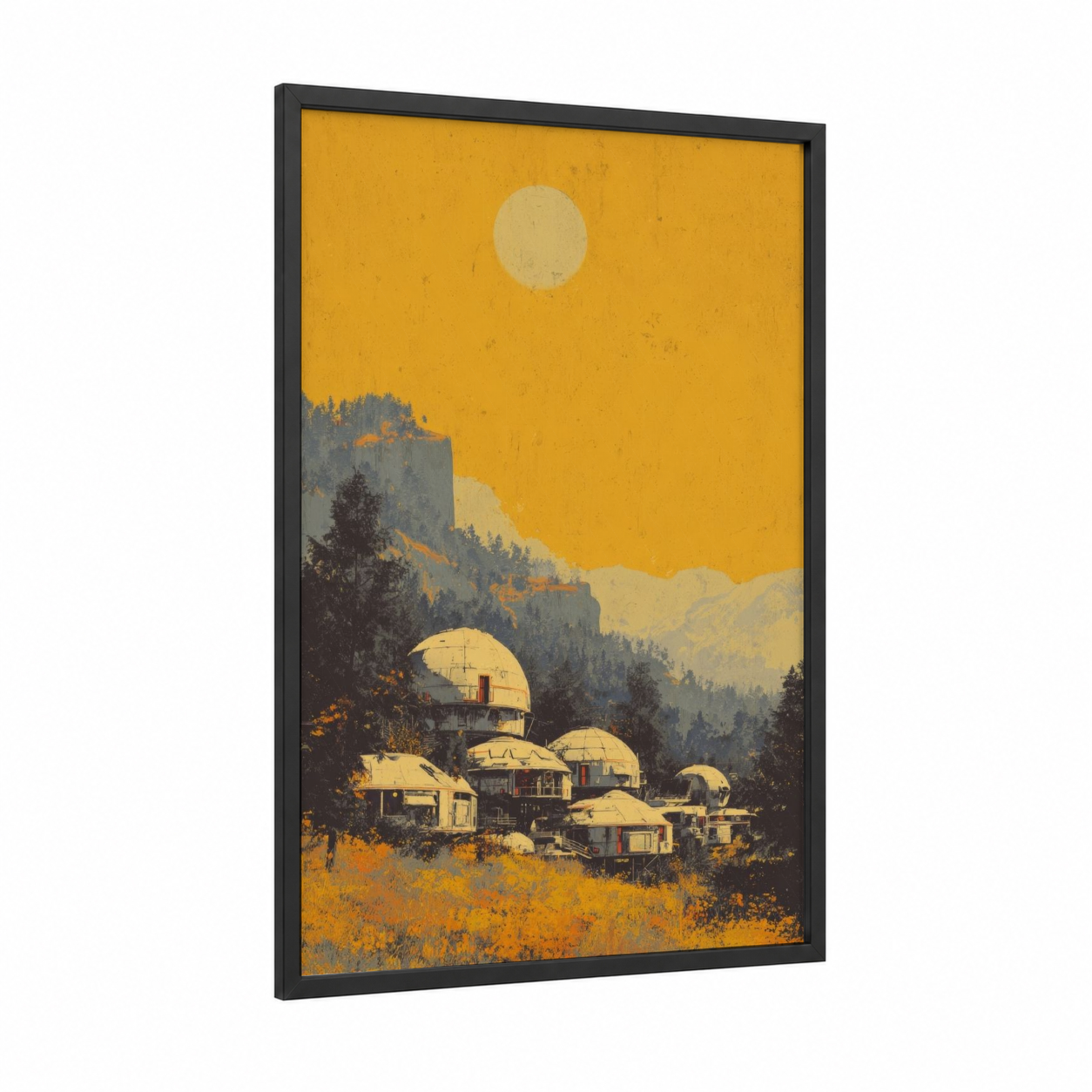 Golden Futures framed sci-fi print — black wood frame — yellow gold and gray palette