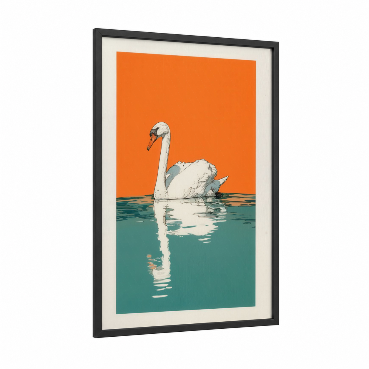 Orange Swan Reflection framed art print — black wood frame — orange and teal palette