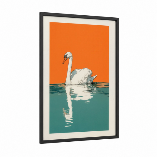 Orange Swan Reflection framed art print — black wood frame — orange and teal palette