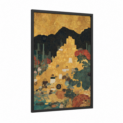 Golden Abundance framed money print — black wood frame — gold palette