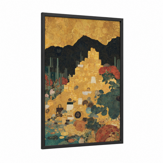 Golden Abundance framed money print — black wood frame — gold palette
