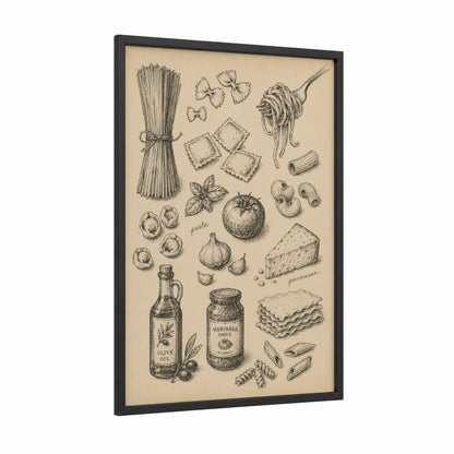 Italian Pasta Ingredients Kitchen Wall Art framed art print — black wood frame — beige and black and white palette