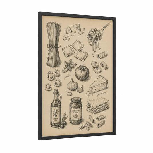 Italian Pasta Ingredients Kitchen Wall Art framed art print — black wood frame — beige and black and white palette