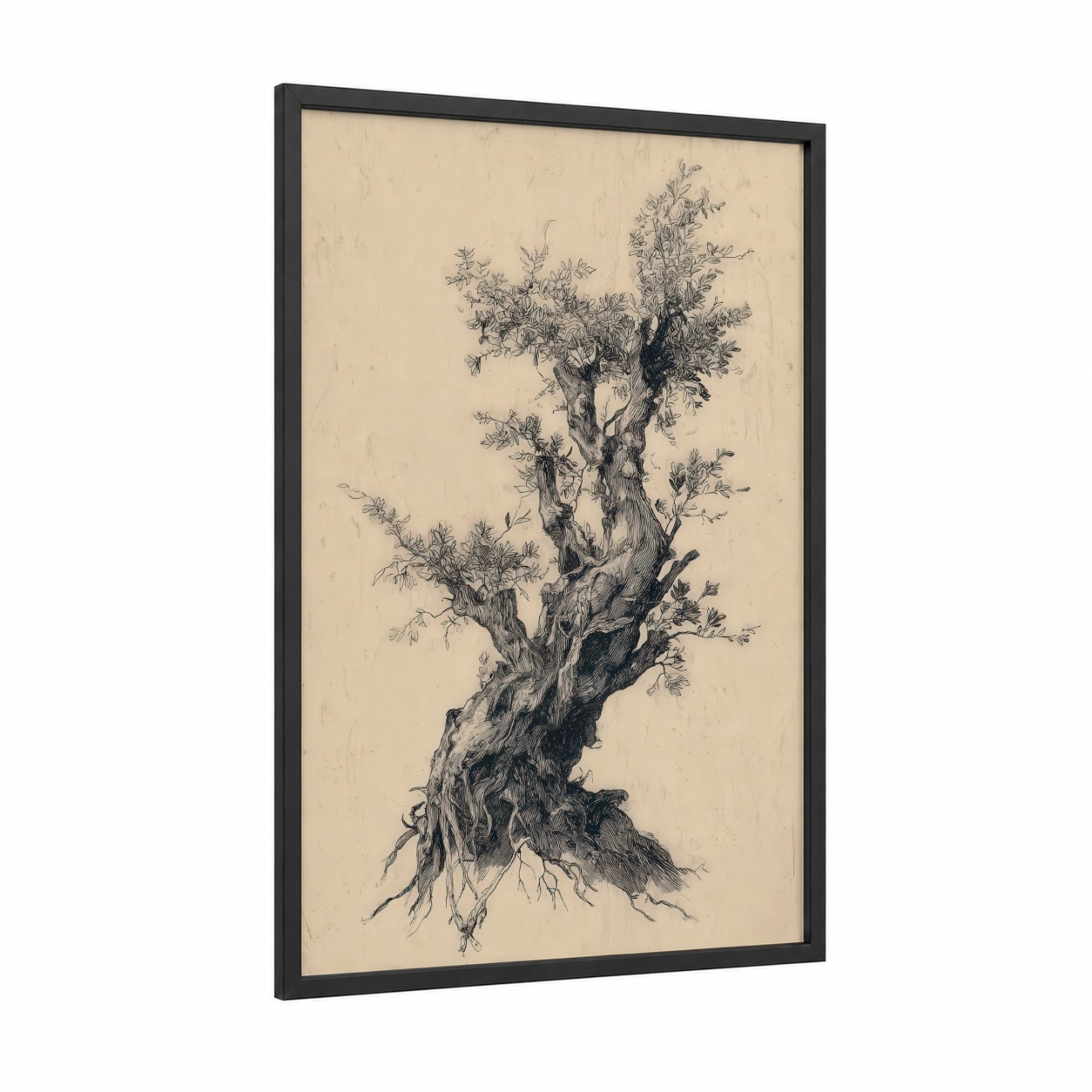 Ancient Olive Tree framed art print — black wood frame — black and white palette