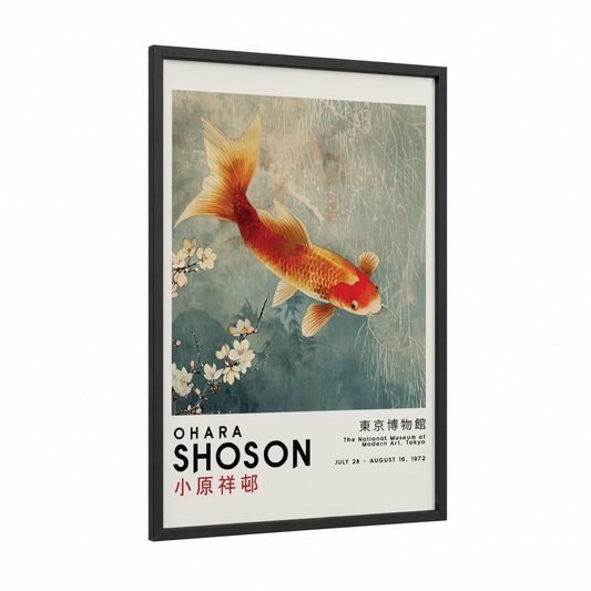 Golden Koi Bloom framed koi fish print — black wood frame — gold and sage green palette