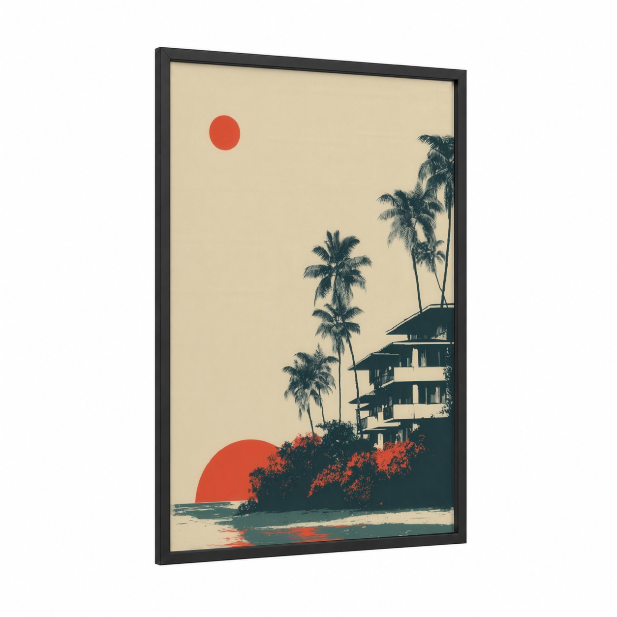 Sunset Beach Modern framed beach town print — black wood frame — cream and red palette