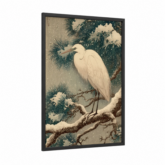 Snowy Crane framed art print — black wood frame — cream and dark green palette