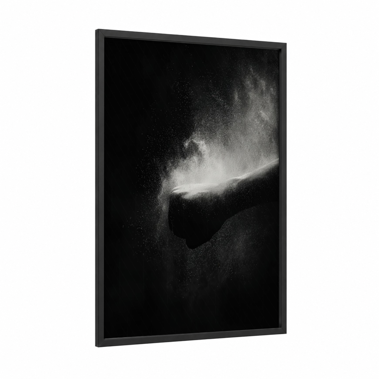 Powder Strike framed kung fu print — black wood frame — black and white palette