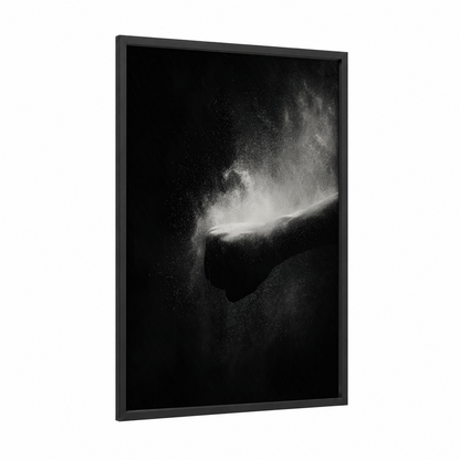 Powder Strike framed kung fu print — black wood frame — black and white palette