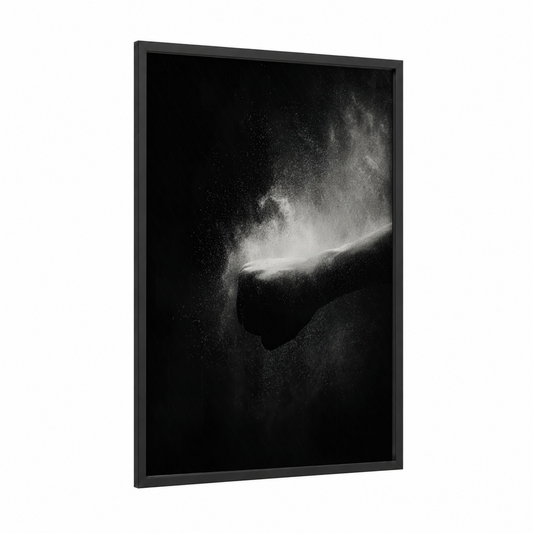 Powder Strike framed kung fu print — black wood frame — black and white palette