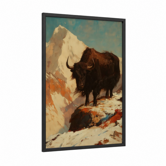 Alpine Yak framed art print — black wood frame — gold and teal palette