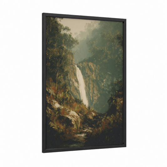 Misty Canyon Waterfall framed art print — black wood frame — sage green and gold palette