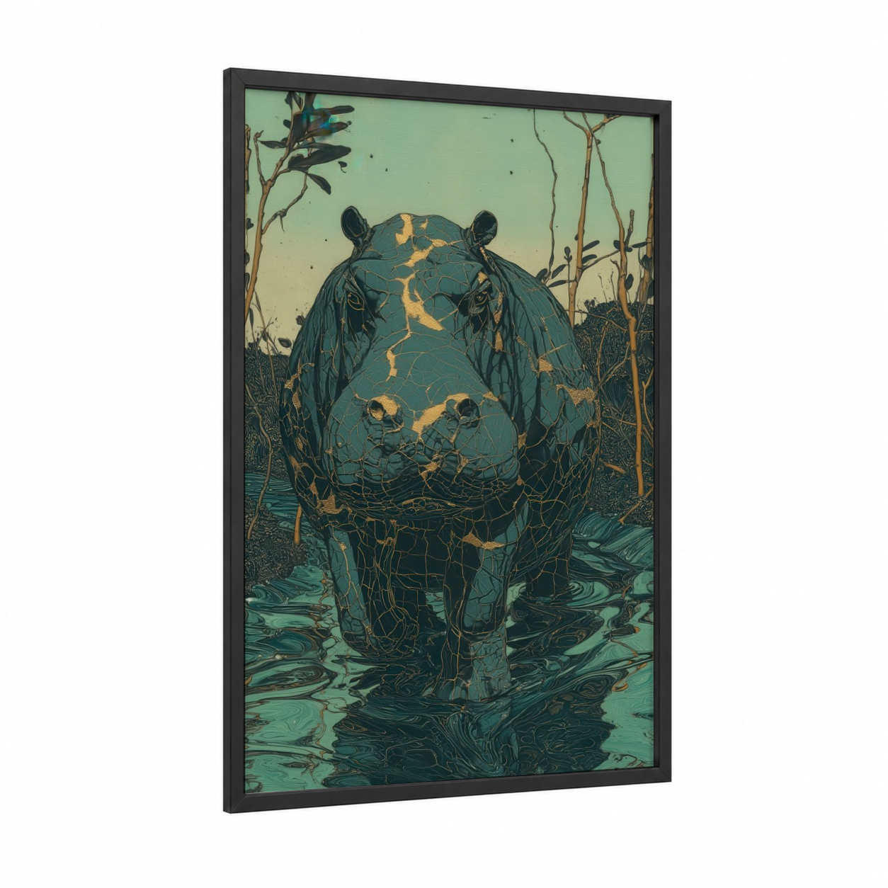 Marsh Hippo framed art print — black wood frame — teal and gold palette
