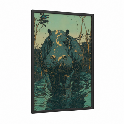 Marsh Hippo framed art print — black wood frame — teal and gold palette