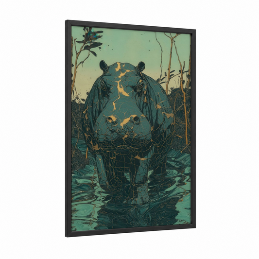 Marsh Hippo framed art print — black wood frame — teal and gold palette