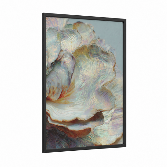 Pearlescent Oyster framed art print — black wood frame — sage green and lavender palette