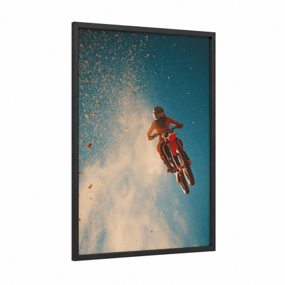 Airborne Motocross framed art print — black wood frame — teal and gold palette