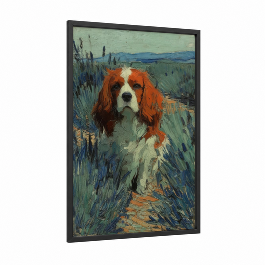 Wheatfield Spaniel framed art print — black wood frame — light green and red palette
