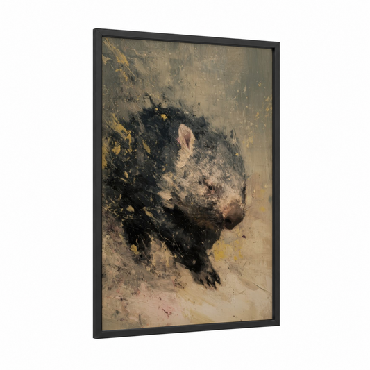 Earthen Wombat framed art print — black wood frame — black and gold and russet palette