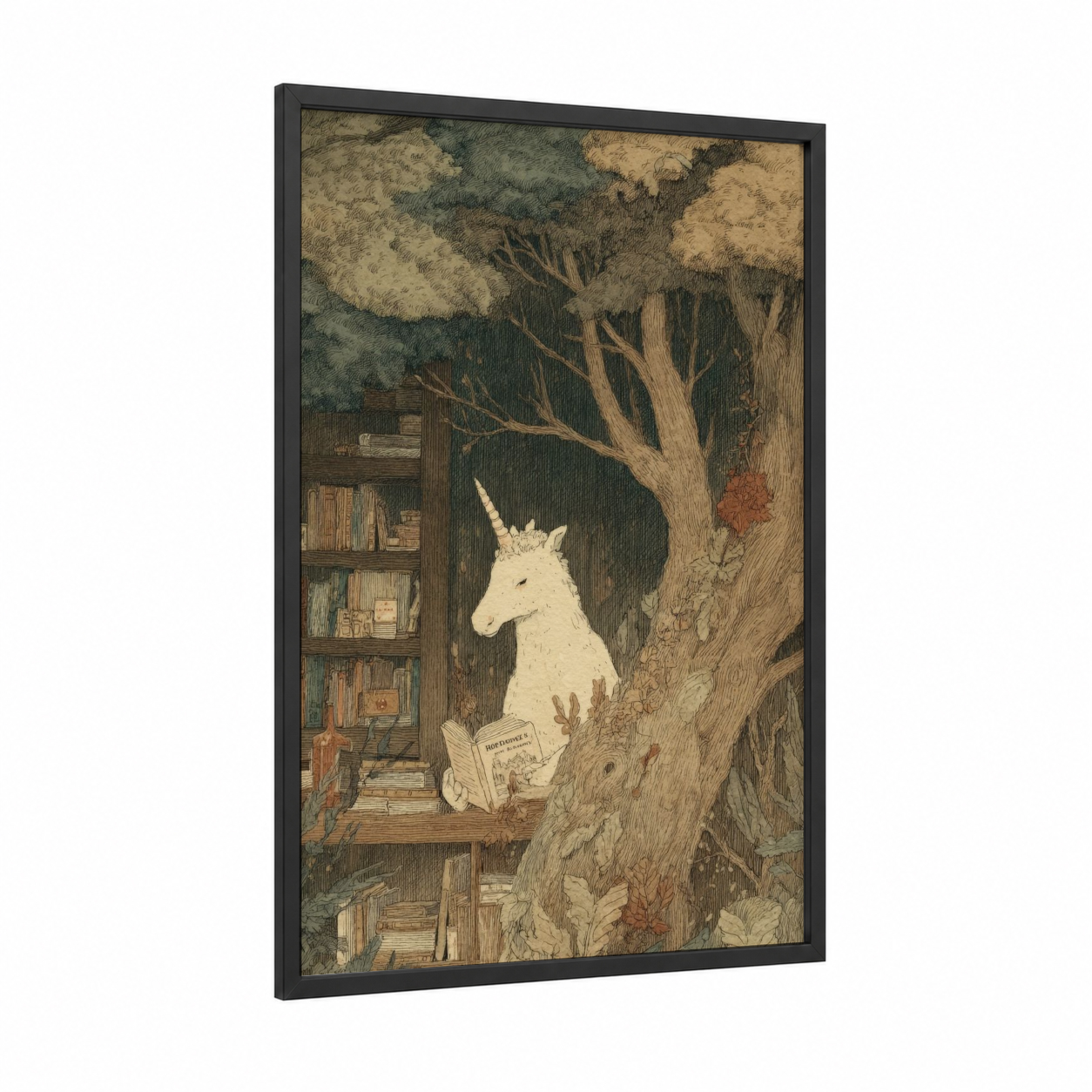 Scholarly Unicorn framed unicorns print — black wood frame — sage green and brown palette