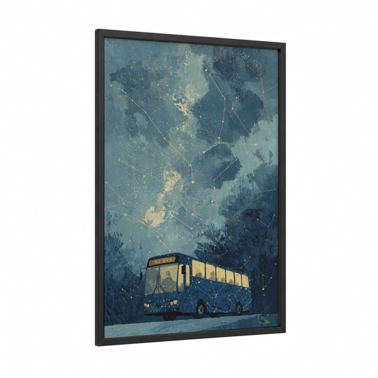 Starry Night Bus framed art print — black wood frame — blue and gold and teal palette