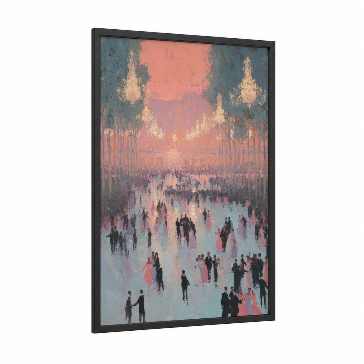 Twilight Ice Dance framed ice skating print — black wood frame — salmon pink and blue palette