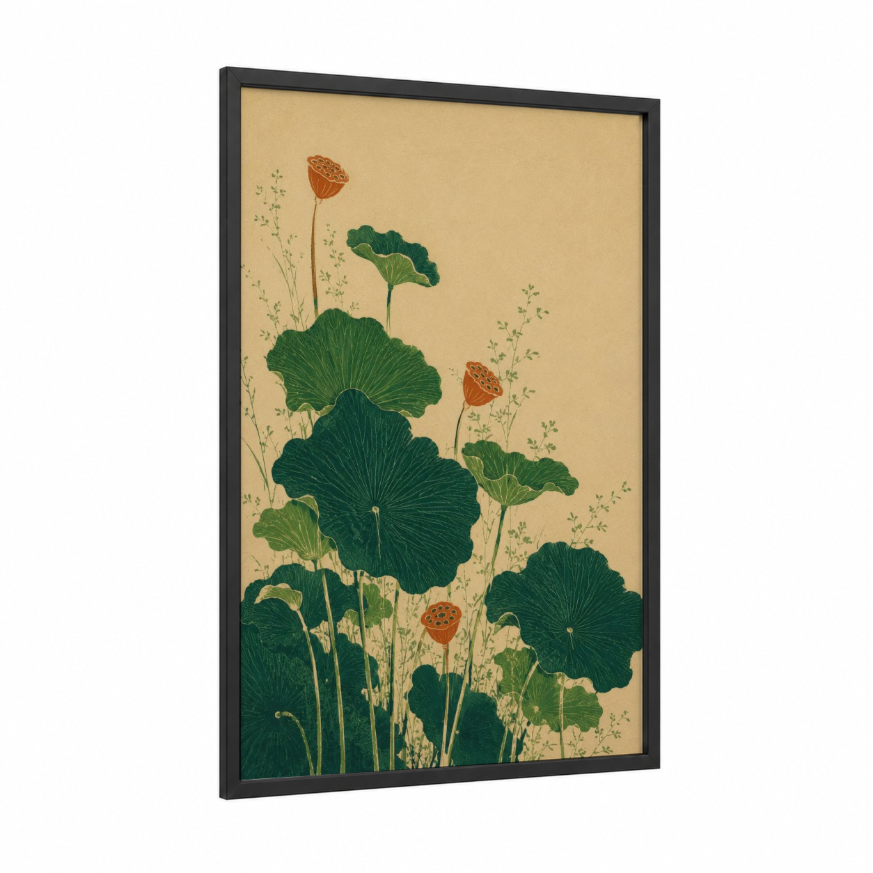 Lotus and Seed Pods Botanical Wall Art framed art print — black wood frame — true green and beige palette