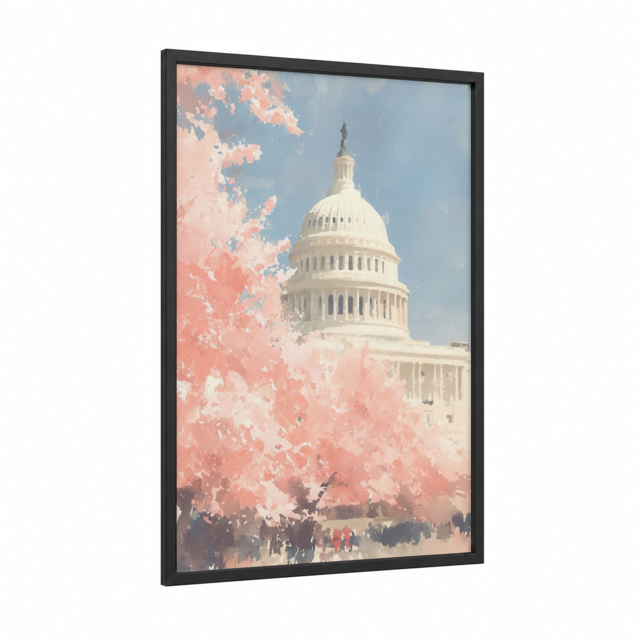 Capitol Spring Blossoms framed us capitol print — black wood frame — peach and blue and white palette