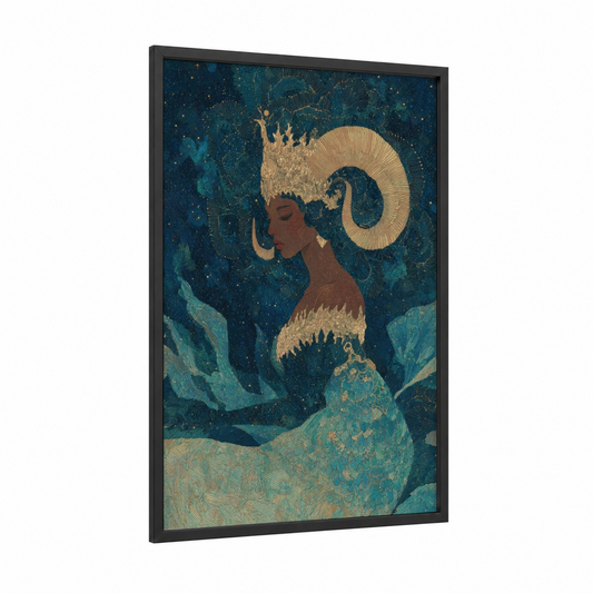 Celestial Capricorn framed art print — black wood frame — teal and gold palette