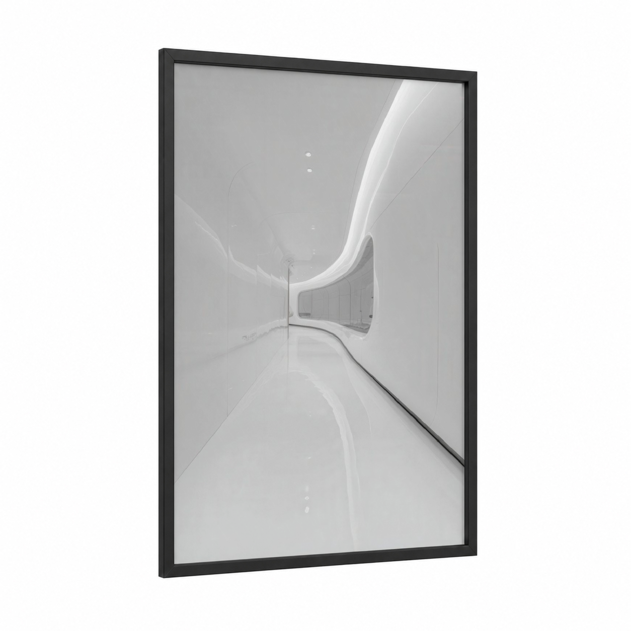 Luminous Corridor framed sci-fi print — black wood frame — white and gray palette
